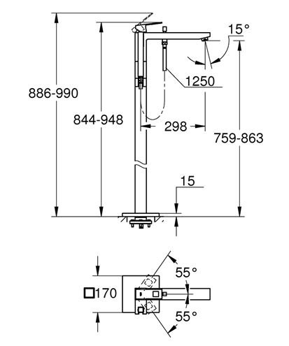 GROHE EUROCUBE vaňová batéria na podlahu, s prepínačom, so sprchovou súpravou, chróm 23672001 Technický nákres