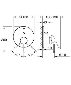 GROHE ESSENCE NEW vaňová podomietková batéria, s prepínačom, hard graphite 24058A01 Technický nákres
