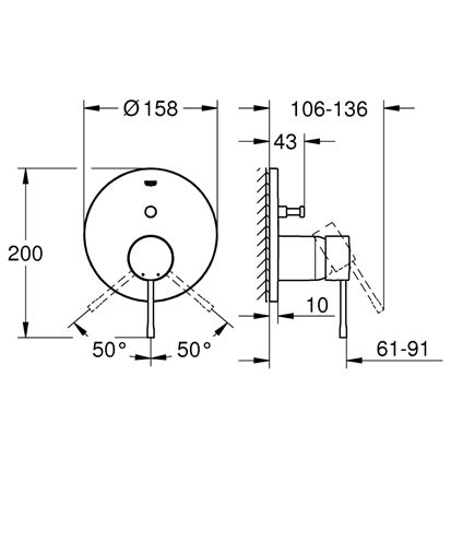 GROHE ESSENCE NEW vaňová podomietková batéria, s prepínačom, hard graphite 24058A01 Technický nákres