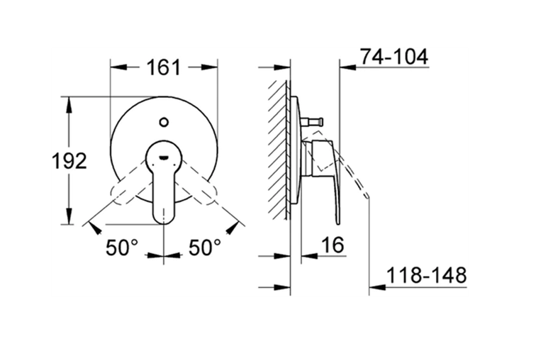 GROHE EUROSMART COSMOPOLITAN sprchová podomietková batéria, chróm 19383000 Technický nákres