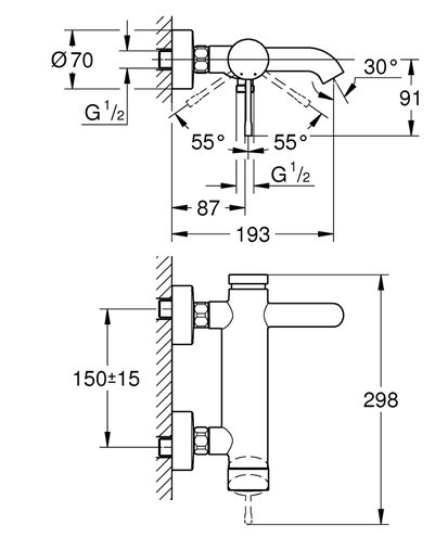 GROHE ESSENCE NEW vaňová nástenná batéria, s prepínačom, chróm 33624001 Technický nákres