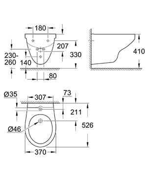GROHE BAU CERAMIC závesný bidet, alpská biela 39433000 Technický nákres