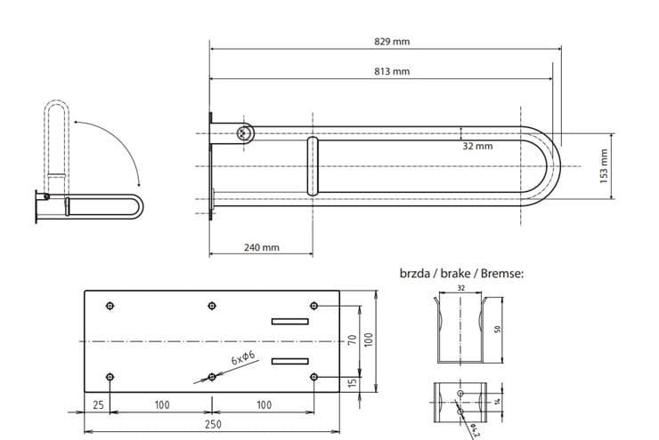 BEMETA HELP sklopné madlo 829 mm, biela 301102084 Technický nákres
