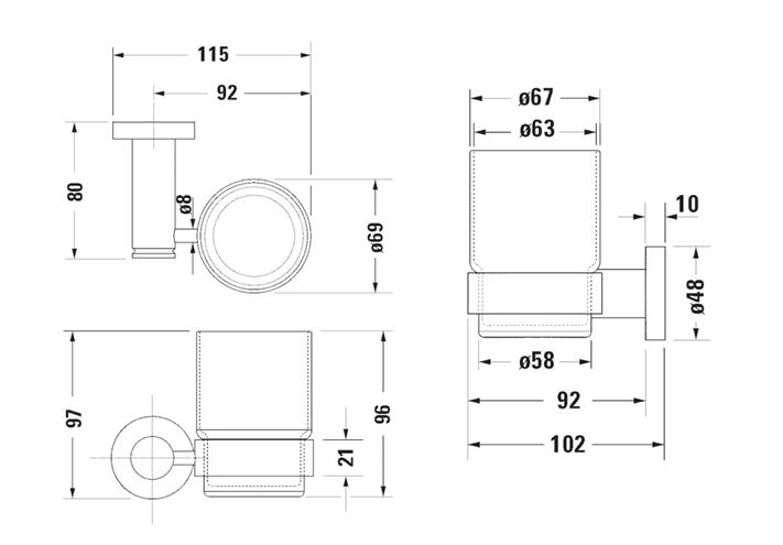 DURAVIT D-CODE nástenný pohárik, sklo, chróm 0099201000 Technický nákres