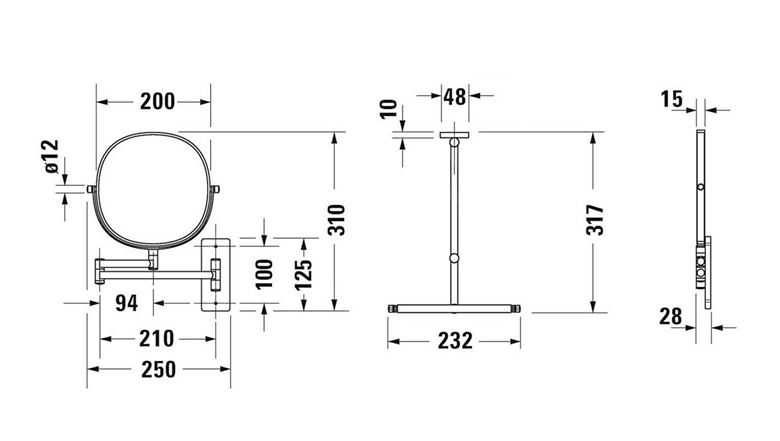 DURAVIT D-CODE kozmetické zrkadlo 200 mm, zväčšovacie, chróm 0099121000 Technický nákres