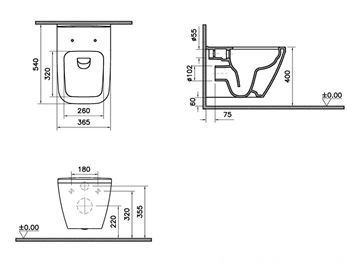 VITRA INTEGRA SQUARE závesné WC, Rim-ex splachovanie, VitrAhygiene 7082B003-0075 Technický nákres