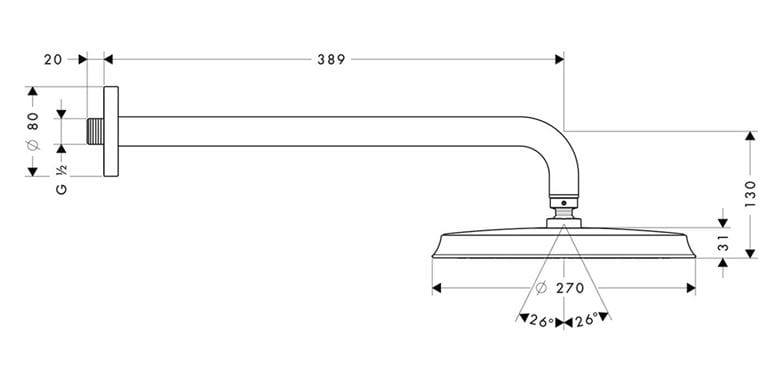 HANSGROHE RAINDANCE CLASSIC 240 AIR 1JET horná sprcha pr. 270 mm, s ramenom, chróm 27424000 Technický nákres