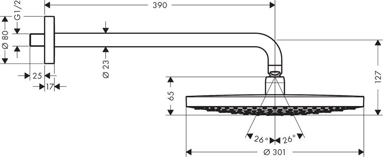 HANSGROHE RAINDANCE SELECT S 300 2JET horná sprcha pr. 301 mm, 2 prúdy, s ramenom, chróm 27378000 Technický nákres