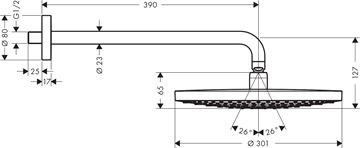 HANSGROHE RAINDANCE SELECT S 300 2JET horná sprcha pr. 301 mm, 2 prúdy, s ramenom, chróm 27378000 Technický nákres