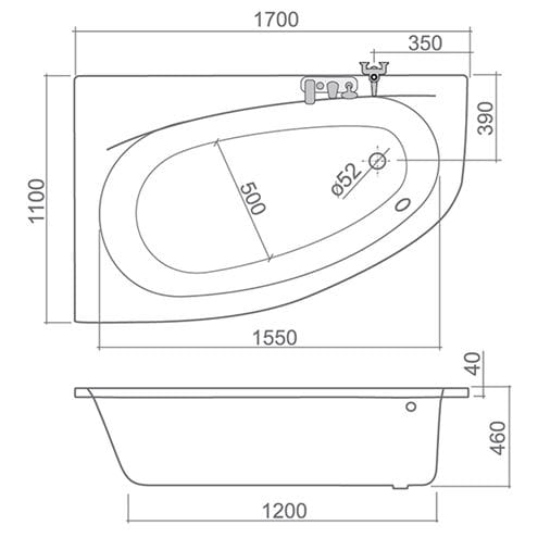 ROTH ISABELLA NEO rohová vaňa 170x110 cm, bez nožičiek, akrylát 9700000 Technický nákres