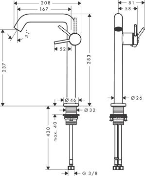 HANSGROHE TECTURIS S umývadlová stojanková batéria 240 Fine, s odtokovou súpravou, CoolStart, EcoSmart+, matná čierna 73370670 Technický nákres