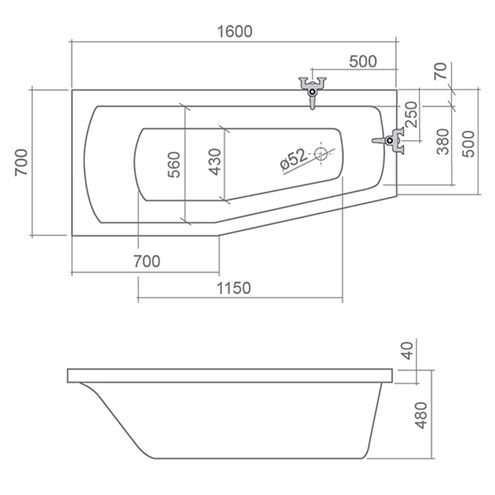 ROTH MINI rohová vaňa 160x70 cm, bez nožičiek, akrylát N-8000074 Technický nákres