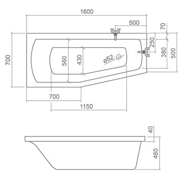 ROTH MINI rohová vaňa 160x70 cm, bez nožičiek, akrylát N-8000074 Technický nákres