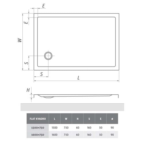 ROTH FLAT KVADRO sprchová vanička 160x75 cm, akrylát, bez nožičiek 8000244 Technický nákres