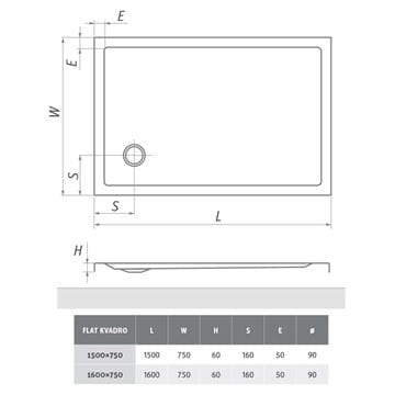 ROTH FLAT KVADRO sprchová vanička 160x75 cm, akrylát, bez nožičiek 8000244 Technický nákres