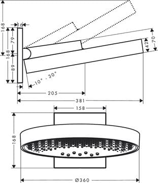 HANSGROHE RAINFINITY 360 3JET horná sprcha pr. 360 mm, 3 prúdy, s ramenom, matná čierna 26234670 Technický nákres