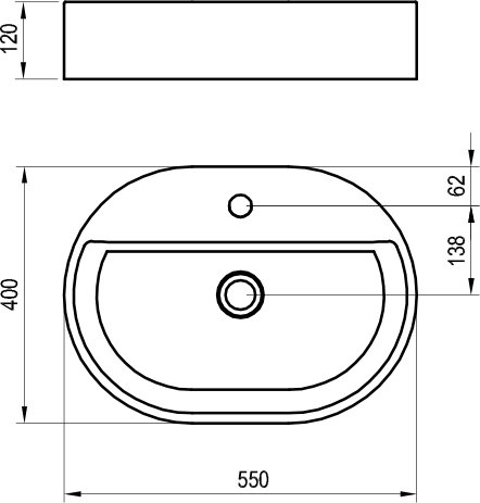 RAVAK CERAMIC SLIM SHELF O umývadlo na dosku 55 cm, s otvorom pre batériu a prepadom XJX01155003 Technický nákres