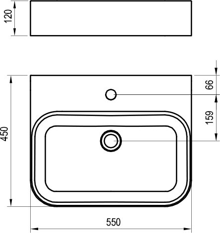 RAVAK CERAMIC SLIM WALL R umývadlo na dosku 55 cm, s otvorom pre batériu a prepadom XJX01155006 Technický nákres