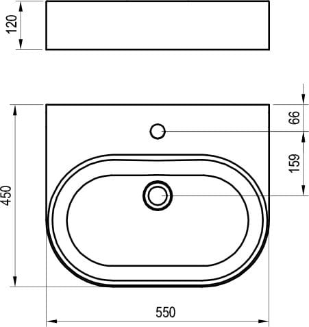 RAVAK CERAMIC SLIM WALL O umývadlo na dosku 55 cm, s otvorom pre batériu a prepadom XJX01155004 Technický nákres