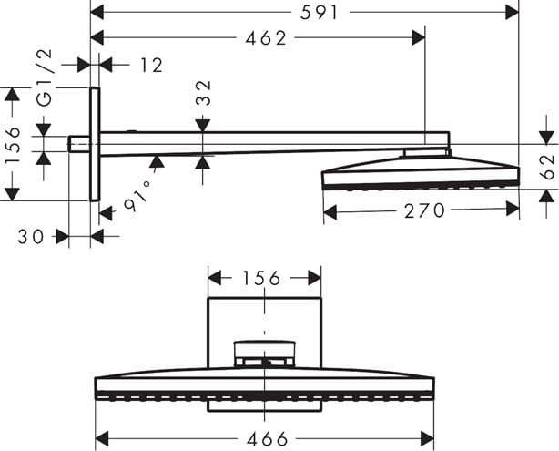 HANSGROHE RAINMAKER SELECT 460 1JET horná sprcha 466x270 mm, s ramenom, biela/chróm 24003400 Technický nákres