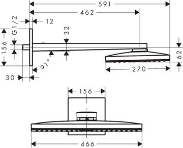 HANSGROHE RAINMAKER SELECT 460 1JET horná sprcha 466x270 mm, s ramenom, biela/chróm 24003400 Technický nákres
