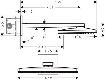 HANSGROHE RAINMAKER SELECT 460 3JET horná sprcha 460x300 mm, 3 prúdy, s ramenom, biela/chróm 24007400 Technický nákres