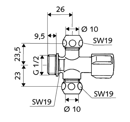 SCHELL COMFORT dvojitý rohový ventil 1/2"x3/8"x3/8", chróm 049910699 Technický nákres