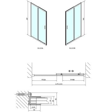 POLYSAN EASY LINE sprchové dvere 120x190 cm, posuvné, aluchróm/číre sklo EL1215 Technický nákres