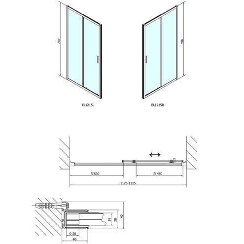 POLYSAN EASY LINE sprchové dvere 120x190 cm, posuvné, aluchróm/číre sklo EL1215 Technický nákres