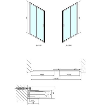 POLYSAN EASY LINE sprchové dvere 130x190 cm, posuvné, aluchróm/číre sklo EL1315 Technický nákres