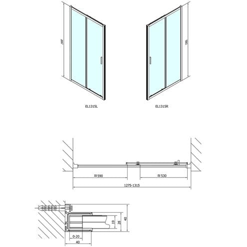 POLYSAN EASY LINE sprchové dvere 130x190 cm, posuvné, aluchróm/číre sklo EL1315 Technický nákres