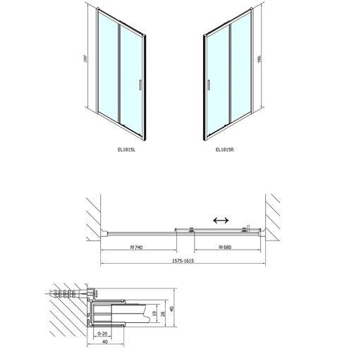 POLYSAN EASY LINE sprchové dvere 160x190 cm, posuvné, aluchróm/číre sklo EL1815 Technický nákres