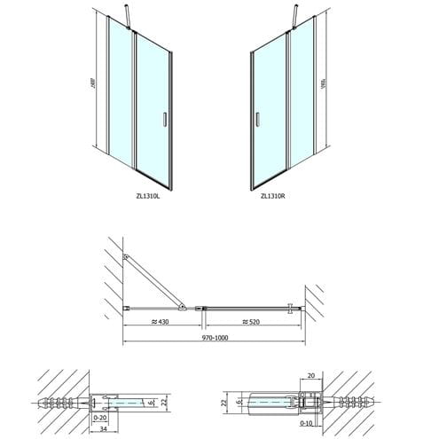 POLYSAN ZOOM LINE sprchové dvere 100x190 cm, lietacie, chróm/číre sklo ZL1310 Technický nákres
