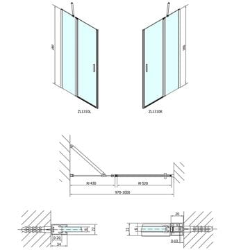 POLYSAN ZOOM LINE sprchové dvere 100x190 cm, lietacie, chróm/číre sklo ZL1310 Technický nákres