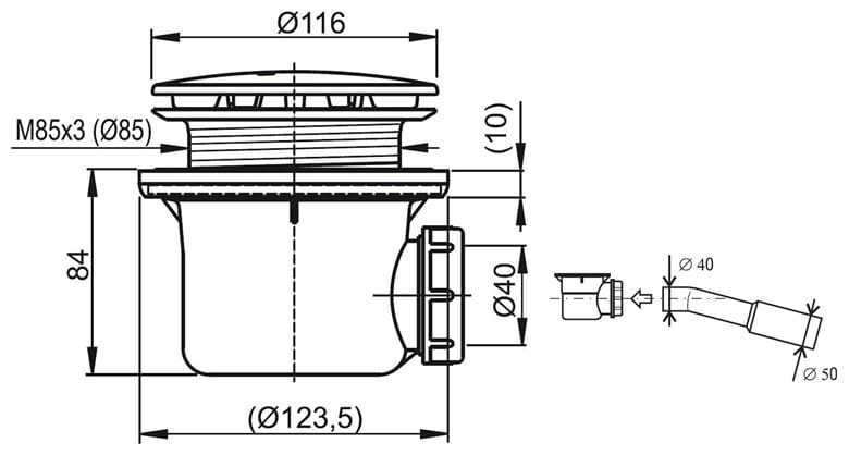 RAVAK PROFESSIONAL 90 vaničkový sifón pr. 90 mm, matná čierna X01749 Technický nákres