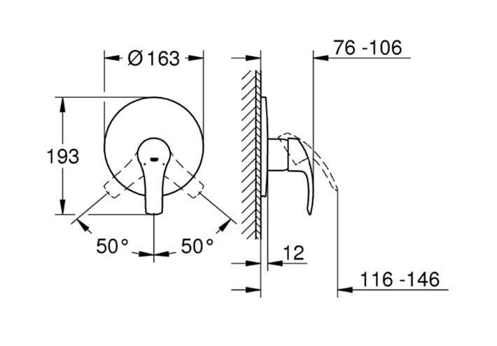 GROHE EUROSMART sprchová podomietková batéria, chróm 19451002 Technický nákres