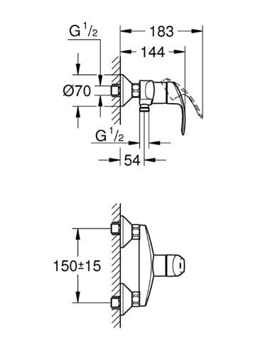 GROHE EUROSMART sprchová nástenná batéria, chróm 33555002 Technický nákres