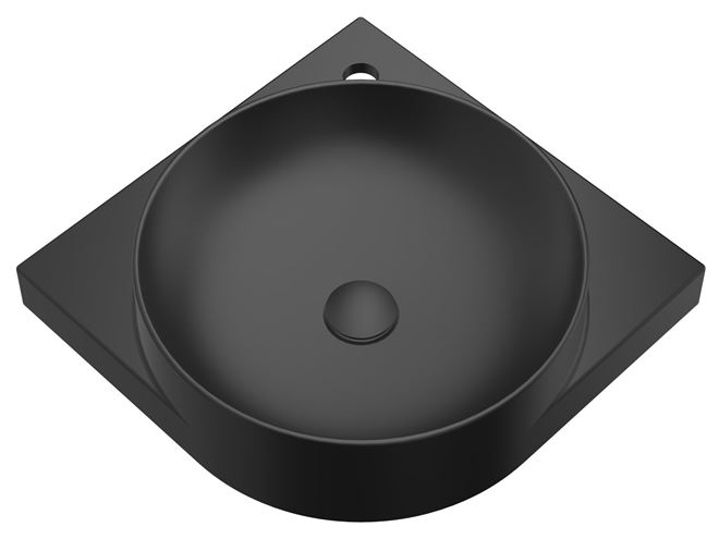RAVAK YARD 450 C umývadlo rohové 45 cm, s otvorom pre batériu, bez prepadu, matná čierna XJX0D245000 Obrázek - fotka