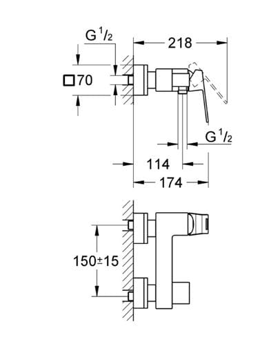 GROHE EUROCUBE sprchová nástenná batéria, chróm 23145000 Technický nákres