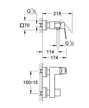 GROHE EUROCUBE sprchová nástenná batéria, chróm 23145000 Technický nákres