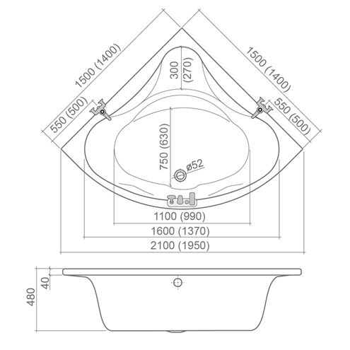 ROTH SABRINA NEO 150 rohová vaňa 150x150 cm, bez nožičiek, akrylát 9630000 Technický nákres