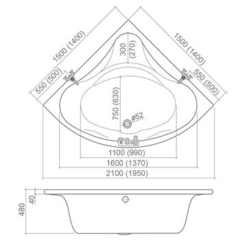 ROTH SABRINA NEO 150 rohová vaňa 150x150 cm, bez nožičiek, akrylát 9630000 Technický nákres