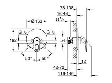 GROHE BAULOOP sprchová podomietková batéria, s telesom, chróm 29080000 Technický nákres