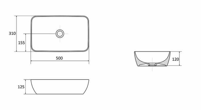 RAVAK UNI 500 R SLIM umývadlová misa 50 cm, bez prepadu, lesklá čierna XJX03150000 Technický nákres
