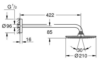 GROHE RAINSHOWER COSMOPOLITAN 210 horná sprcha pr. 210 mm, s ramenom, chróm 26171000 Technický nákres