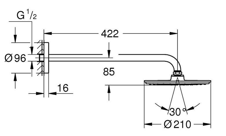 GROHE RAINSHOWER COSMOPOLITAN 210 horná sprcha pr. 210 mm, s ramenom, chróm 26171000 Technický nákres