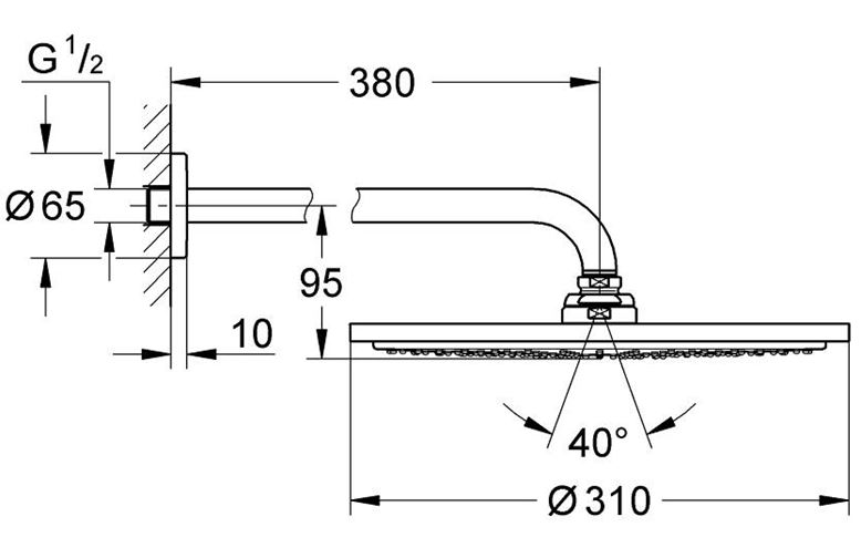 GROHE RAINSHOWER COSMOPOLITAN 310 horná sprcha pr. 310 mm, s ramenom, Water Saving, brúsený Hard Graphite 26066AL0 Technický nákres