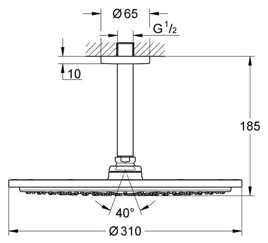 GROHE RAINSHOWER COSMOPOLITAN 310 horná sprcha pr. 310 mm, s ramenom, Water Saving, chróm 26067000 Technický nákres