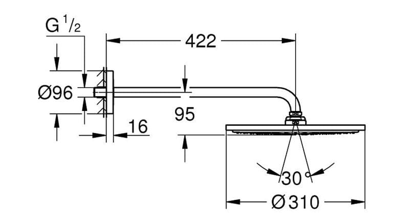 GROHE RAINSHOWER COSMOPOLITAN 310 horná sprcha pr. 310 mm, s ramenom, chróm 26257000 Technický nákres