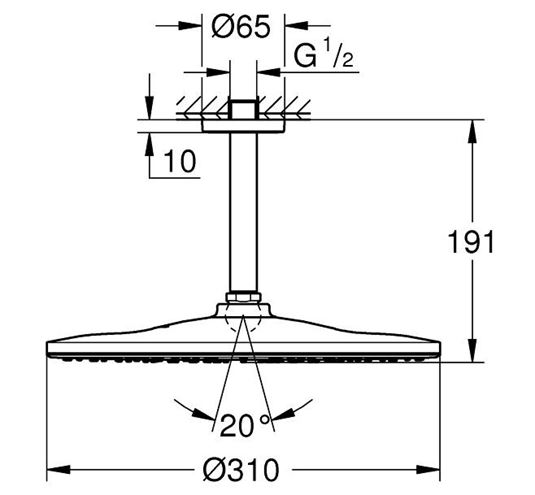 GROHE RAINSHOWER MONO 310 horná sprcha pr. 310 mm, s ramenom, Water Saving, phantom black 22122KF0 Technický nákres